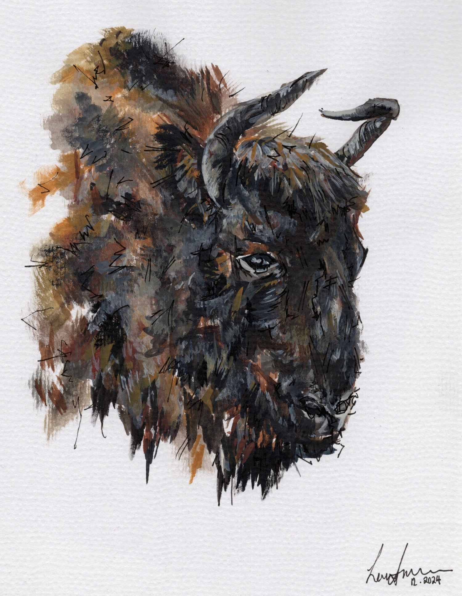 Acrylic paint and fineliner expressive painting of a wildebeest.