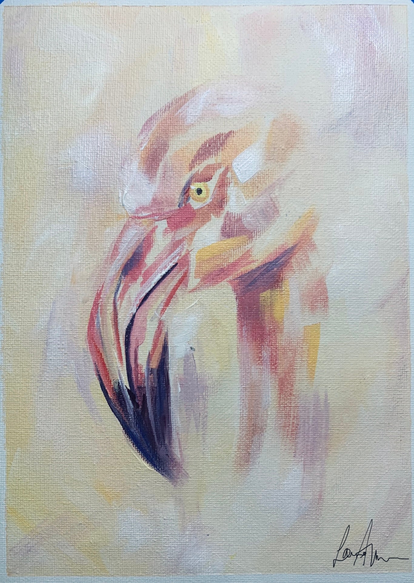 Pink flamingo acrylic head painting, drawn in an expressive manner with visible bold mark making . 