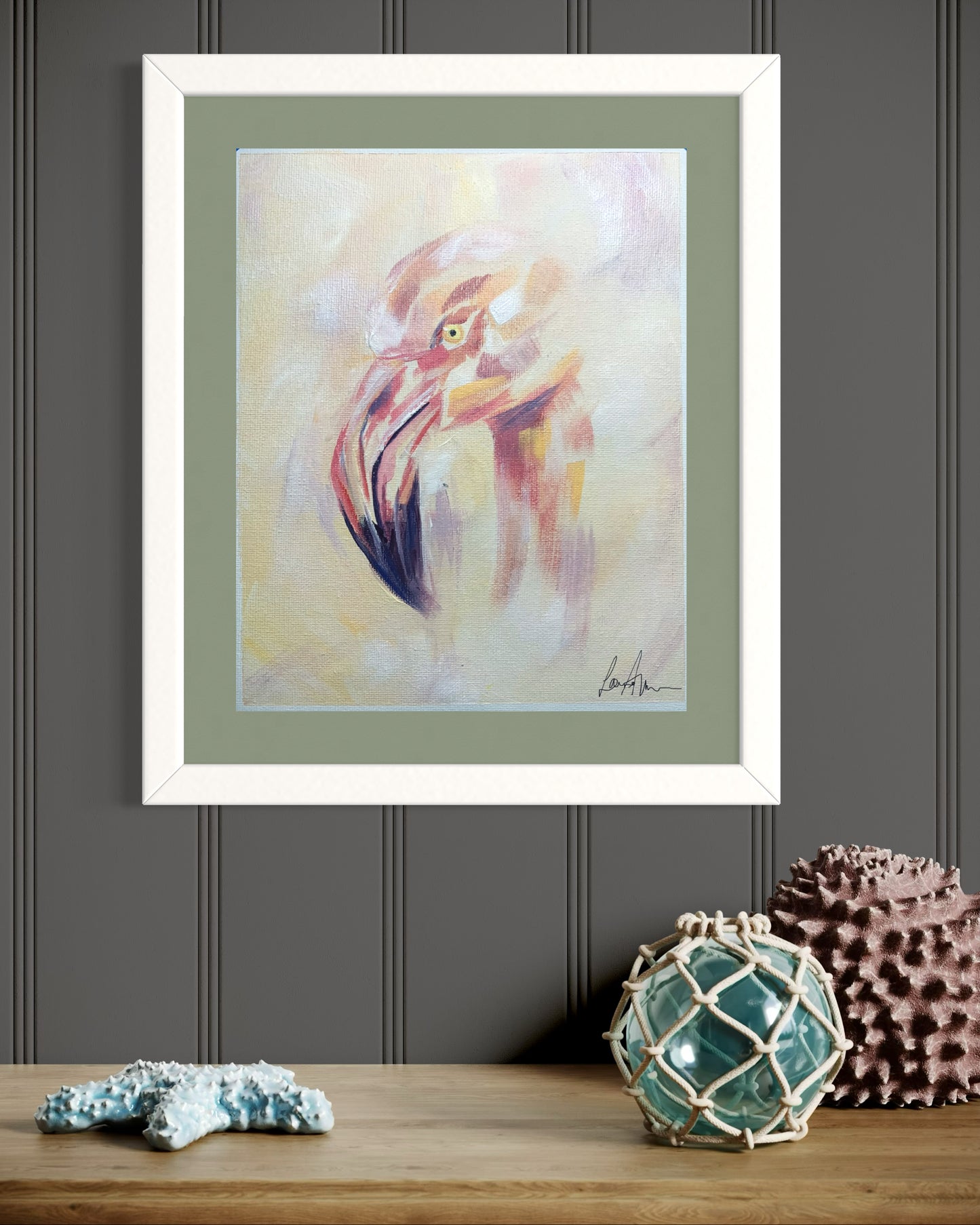 Flamingo head expressive acrylic painting framed with an olive green mount and white frame. 