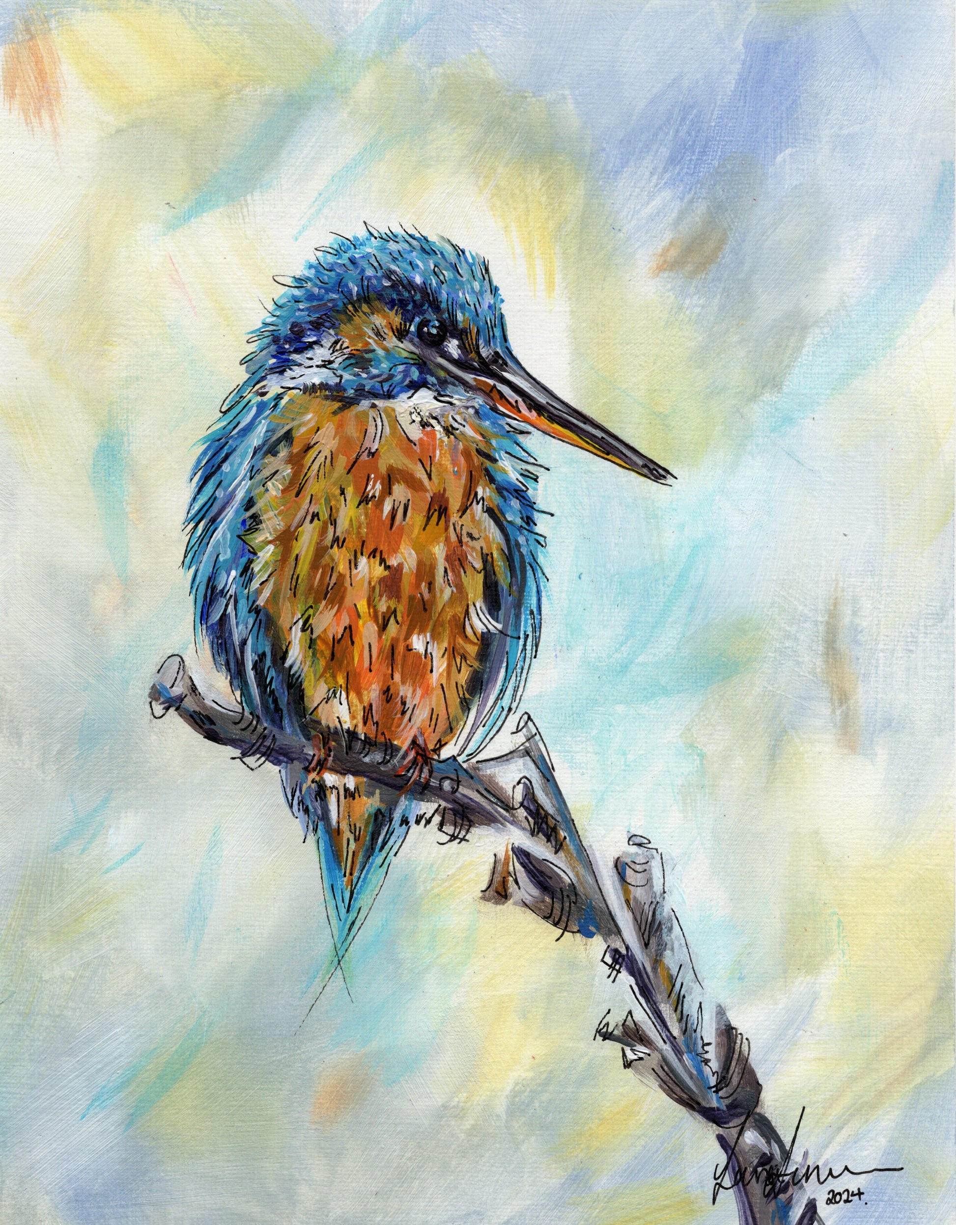 Kingfisher acrylic and fineliner liner drawing, drawn with expressive mark making. Vibrant in colour with the blue and orange of the kingfisher perched on a branch, with a suitable blue, yellow and green background. 