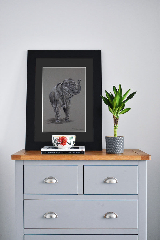 Black and white elephant, drawn in charcoal and chalk on a grey background. The image is showing the elephant framed in a black mount, in a black frame in situ on top of a chest of drawers. 